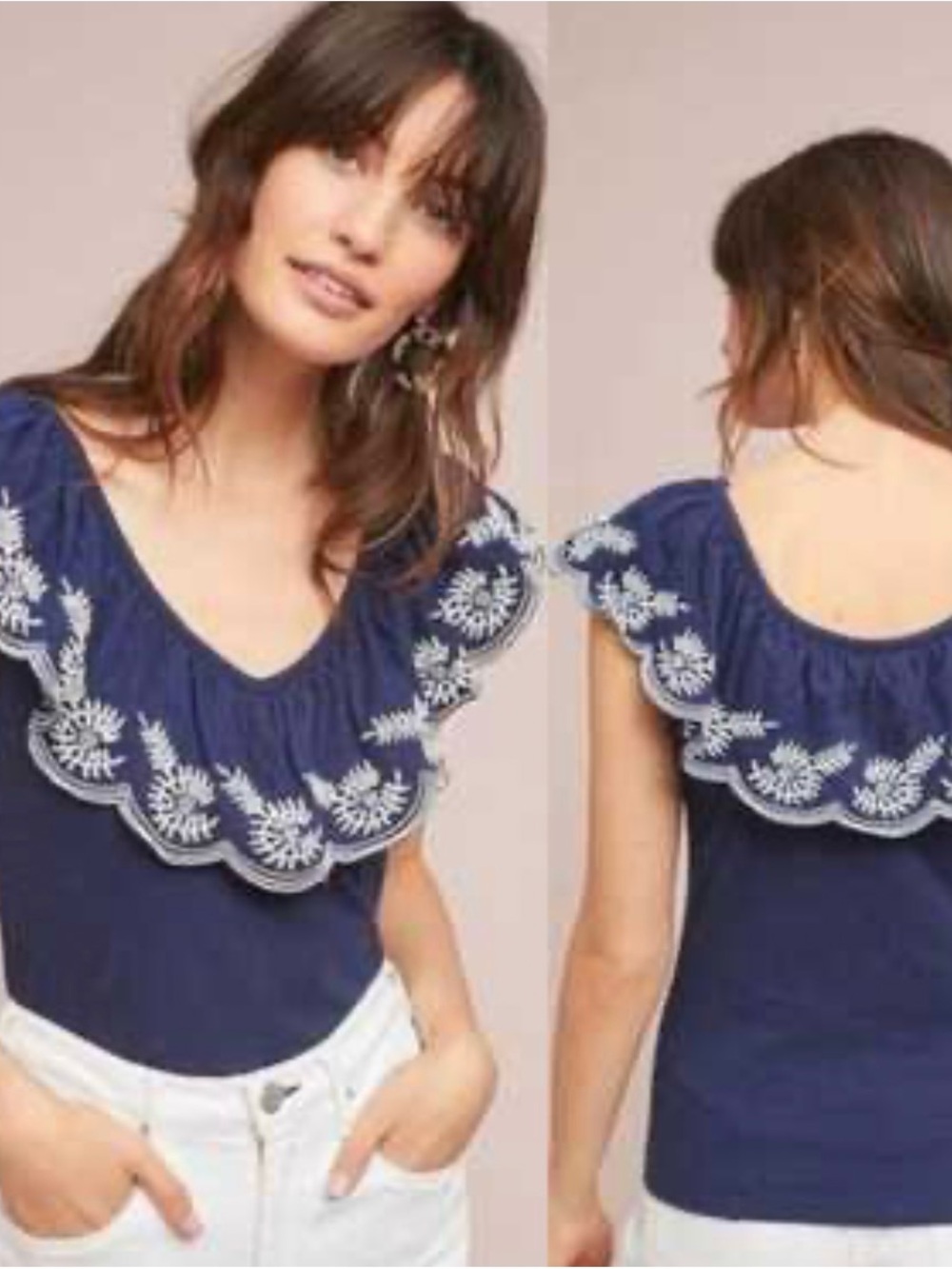 ECLA Embroidered Ruffle Sleeve Top On- or off-Shoulders in Navy and White Size M